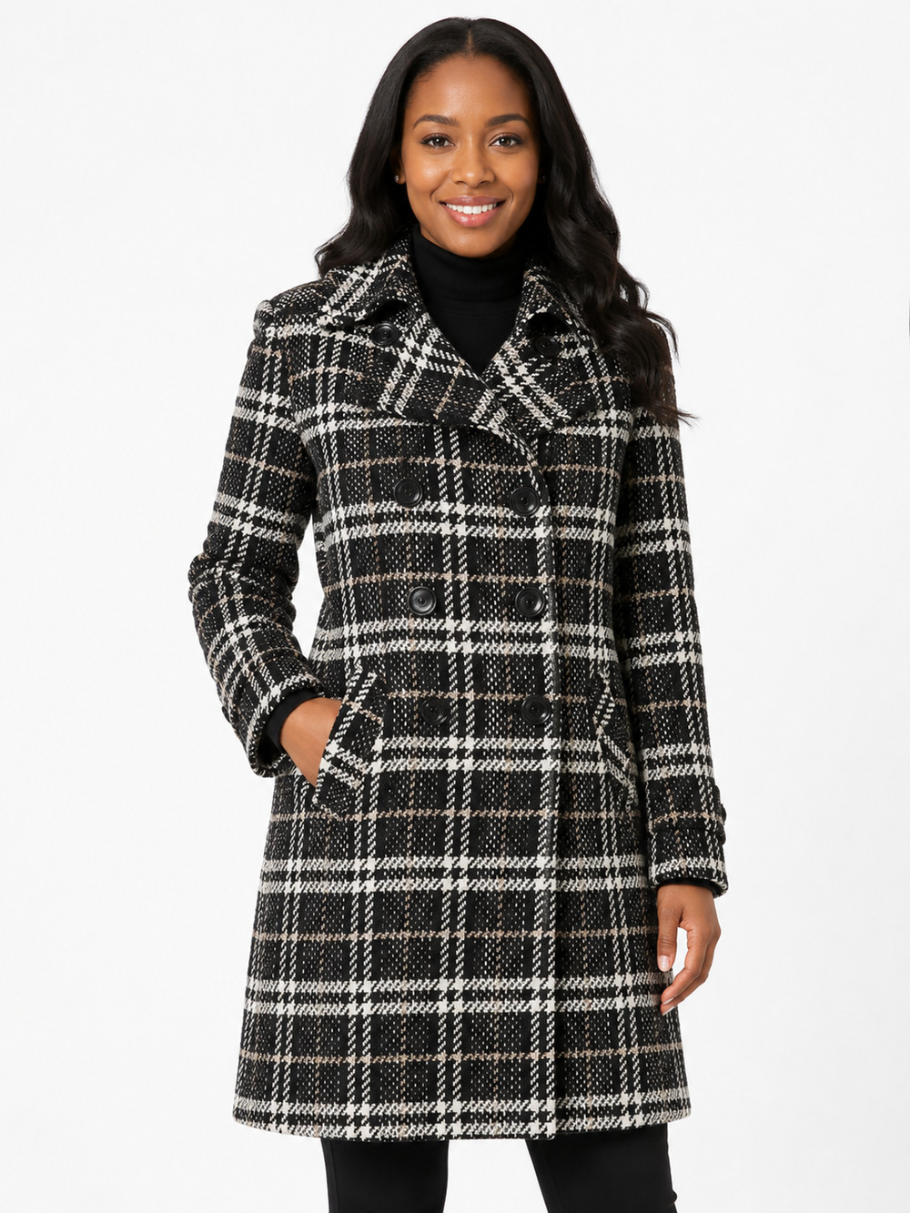 Giacca Wool Trench Coat Womens L Black Plaid Lined Pockets Collared Long